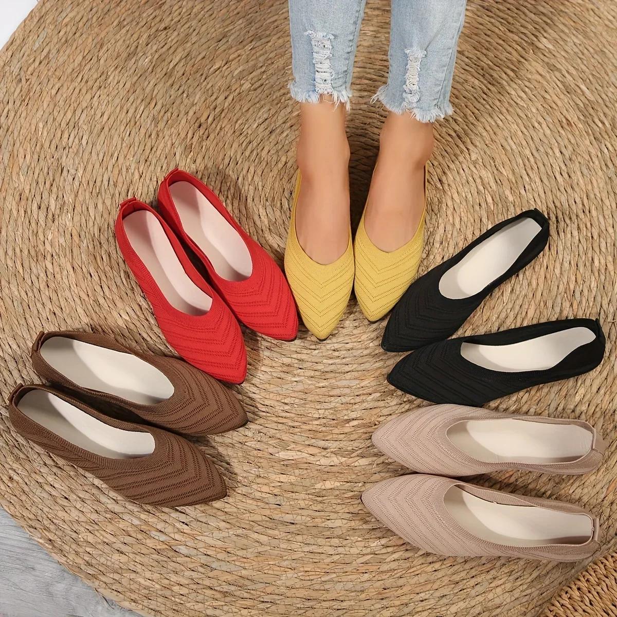 Yoxier Dames Puntige Teen Platte Schoenen Effen Kleur Gebreide Instappers Casual Ademende Ballet Flats Dames Platte Schoenen Loafers Dames 43 geel