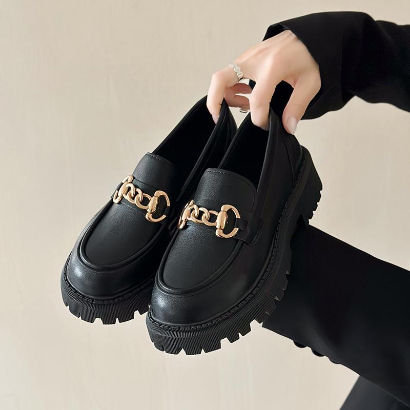 Gtimeshoes loafers Damesschoenen Damesmode Mary Janes Ronde neus Flats Loafers Oxfords Platform Casual Metalen ketting Gesp Dameshakken 35 zwart