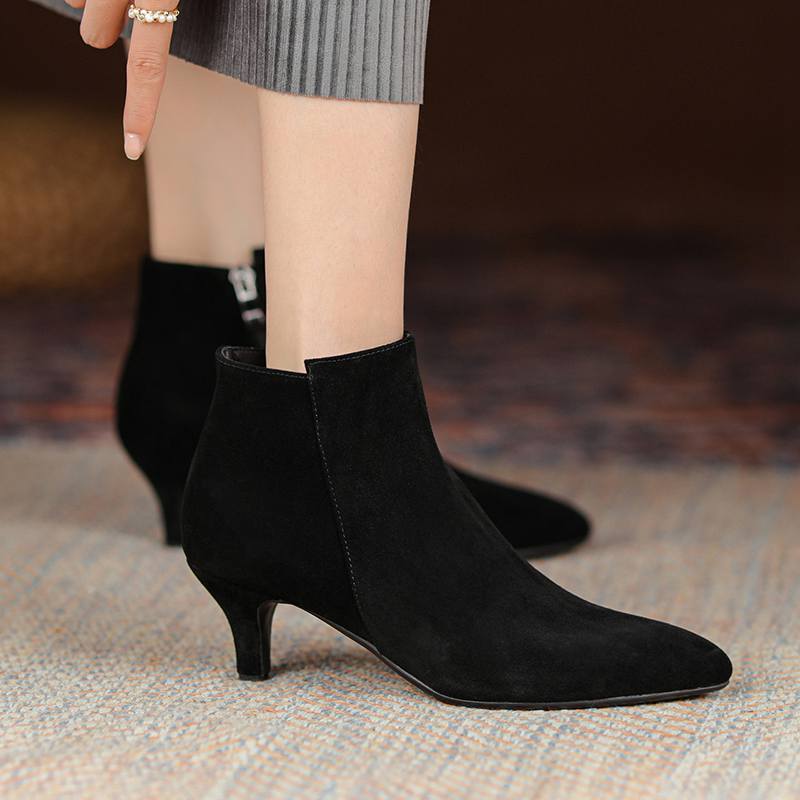 Krazing Pot Koe Suede Winter Puntschoen Med Dunne Hakken Moderne Laarzen Vrouwen Big Size 43 Rits Basic Kleding enkellaarsjes 43 bruin