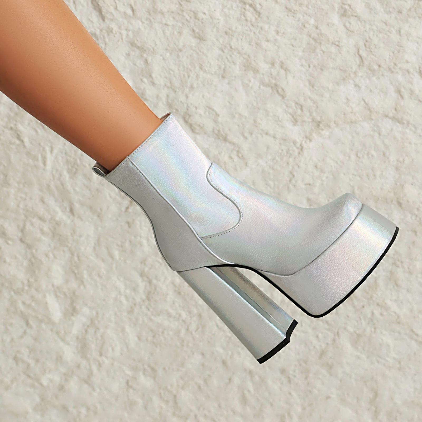 DONGYUN Footwear 8. Herfst en winter nieuwe dames hoge hak korte laarzen sexy waterdichte platform dikke hak grote maat korte laarzen 43 zilver