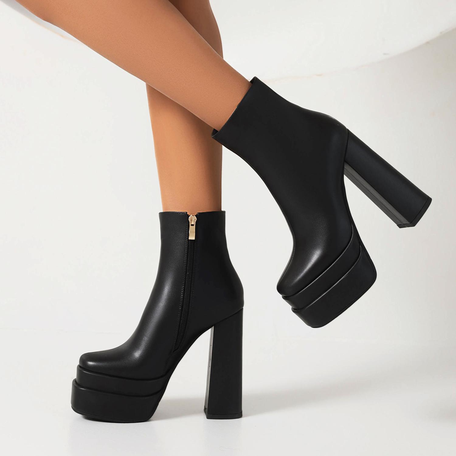 DONGYUN Footwear 7/Dames Hoge Hak Korte Laarzen Sexy Waterdichte Dikke Hakken Herfst/Winter Nieuwe Korte Laarzen Grote Damesschoenen 43 zwart