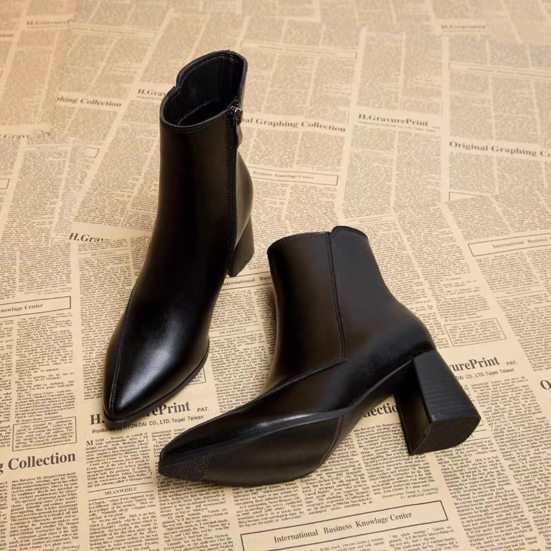 Gtimeshoes Mode korte laarzen voor dames met dikke hakken, nieuw herfst- en winterontwerp met puntige neus 37 zwart