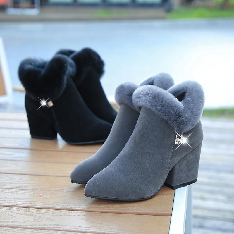 Geener Mode Laarzen Vrouwen Bont Winter Warme Puntige Enkellaarsjes Sexy Strass Decoratie Rits Vrouwen Laarzen Comfortabele Vrouwelijke Schoenen 35 zwart
