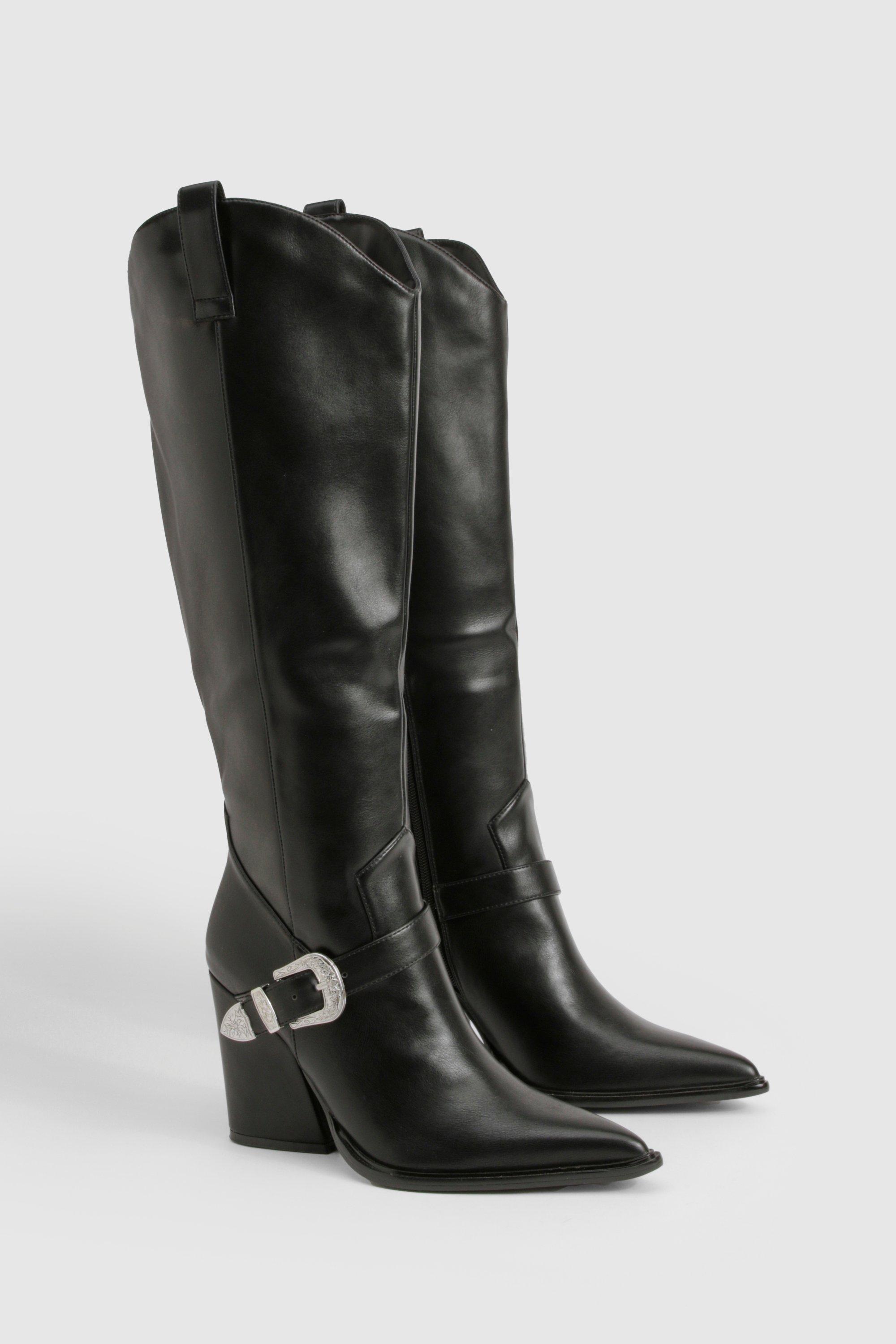 Boohoo Clean Buckle Knee High Western Cowboy Boots, Black