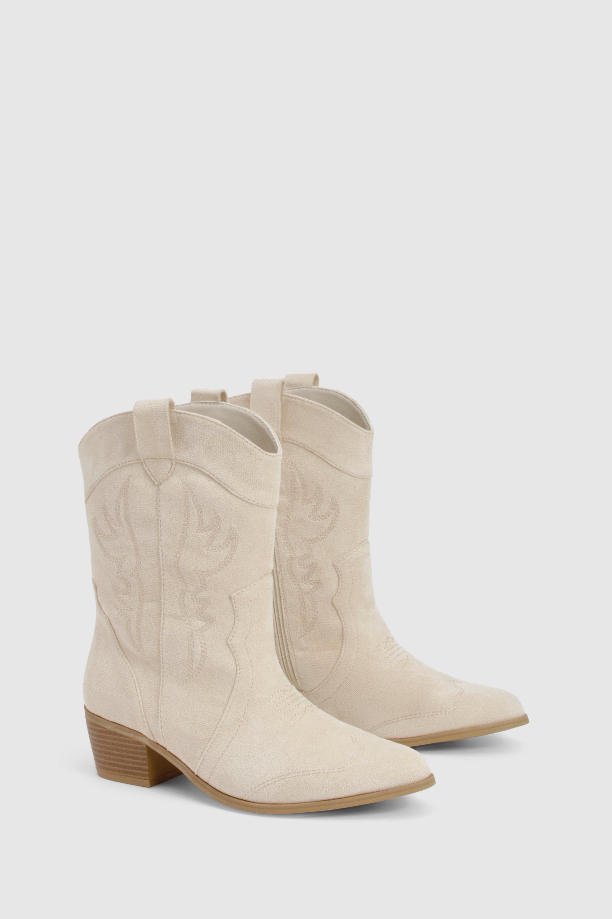 Boohoo Wide Fit Faux Suede Tab Western Cowboy Boots, Beige