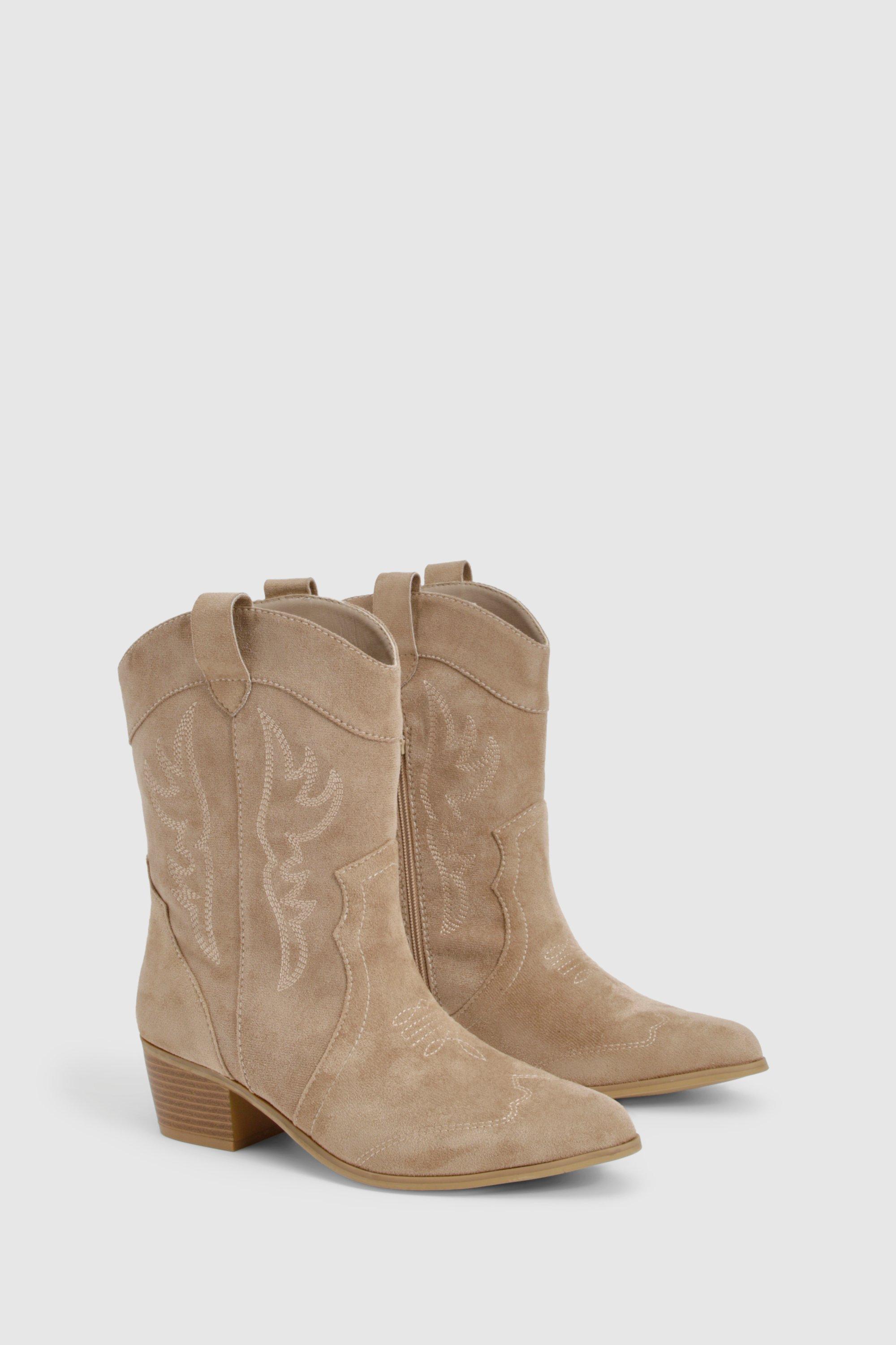 Boohoo Wide Fit Faux Suede Tab Western Boots, Taupe