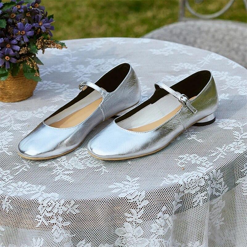 Meotina Dames Echt Leer Mary Janes Ronde Neus Flats Gesp Handschoen Schoenen Dames Mode Casual Schoenen Lente Herfst Zilver 40 39 zilver