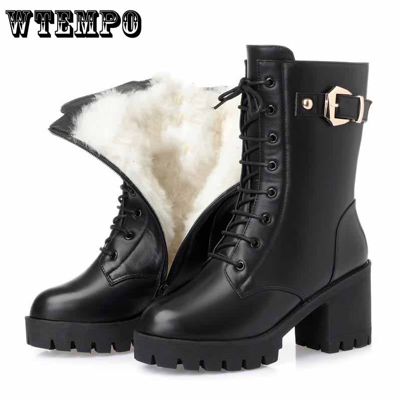 WTEMPO Laarzen Damesschoenen Herfst Winter Bont Sneeuwlaarzen Mode Ronde Neus Veterschoenen Leren Laarzen Damesschoenen 37