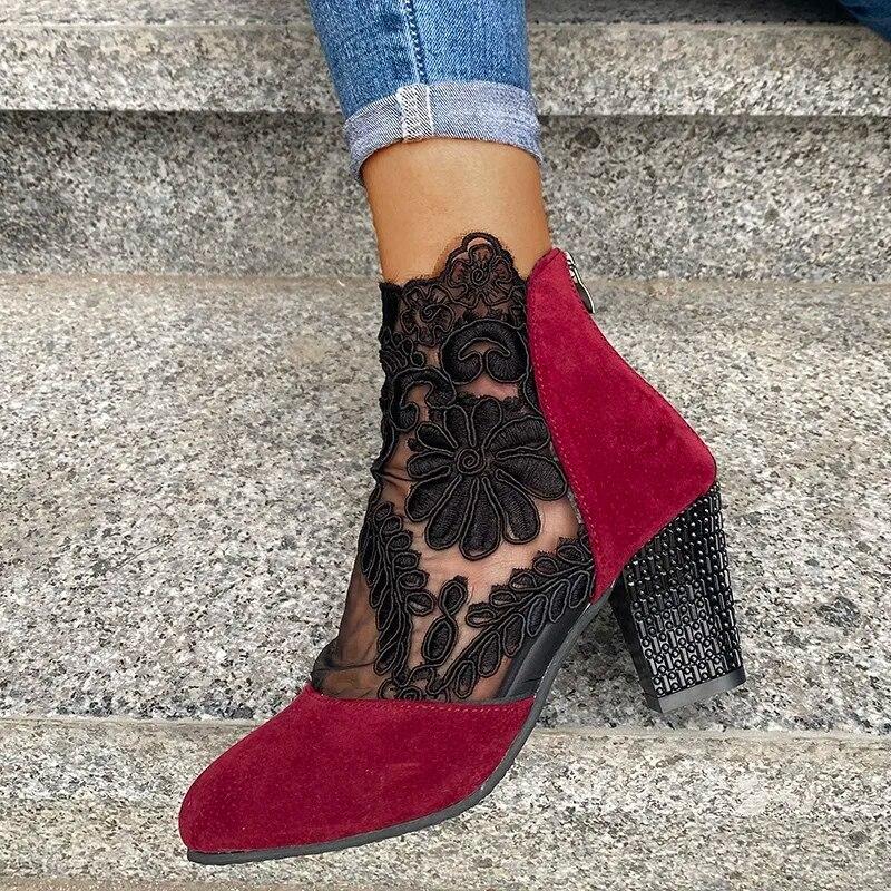Fashion Flyshoes Mesh grove hakken Kant lente en zomer met superfijne waterdichte Taiwan schoenen met ondiepe mond nachtclubschoenen 43 wijnrode kleur