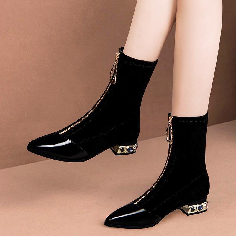Hawayi Vrouwen glanzende pailletten enkellaarsjes lente/herfst mode puntige voorkant rits strass vierkante hakken korte laarzen retro motorschoenen 38 zwart