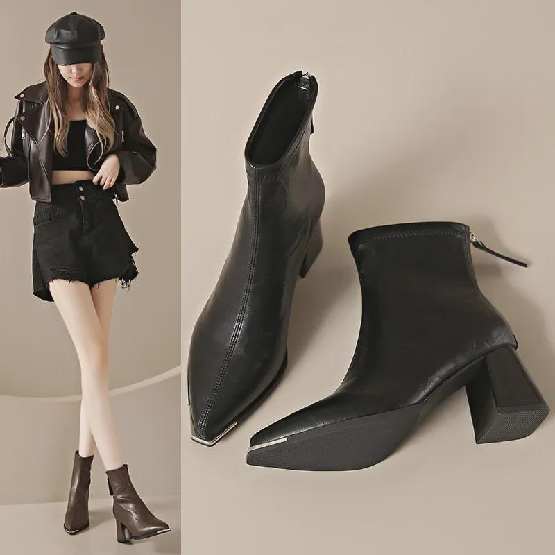 VantaGoods Franse Retro Chunky Heel Leren Laarzen Voor Dames - Puntige Neus, Rits, Fluwelen Voering voor Herfst & Winter Size 40