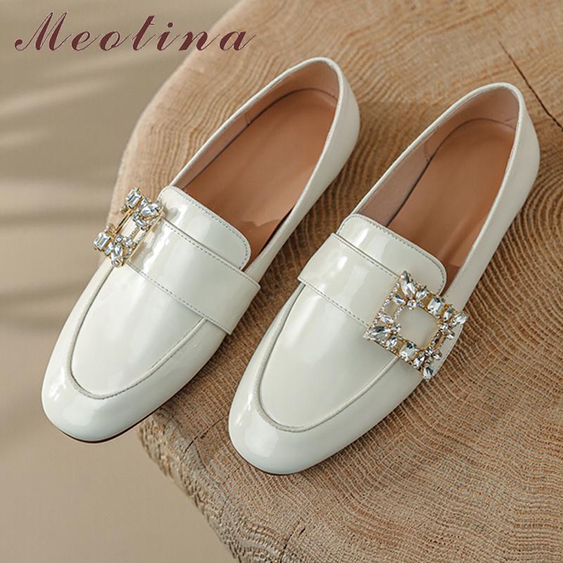 Meotina Vrouwen Loafers Schoenen Schapenvacht Lakleer Platte Schoenen Ronde Neus Kristal Dames Schoenen Lente Herfst Zwart Wit 41 39 wit