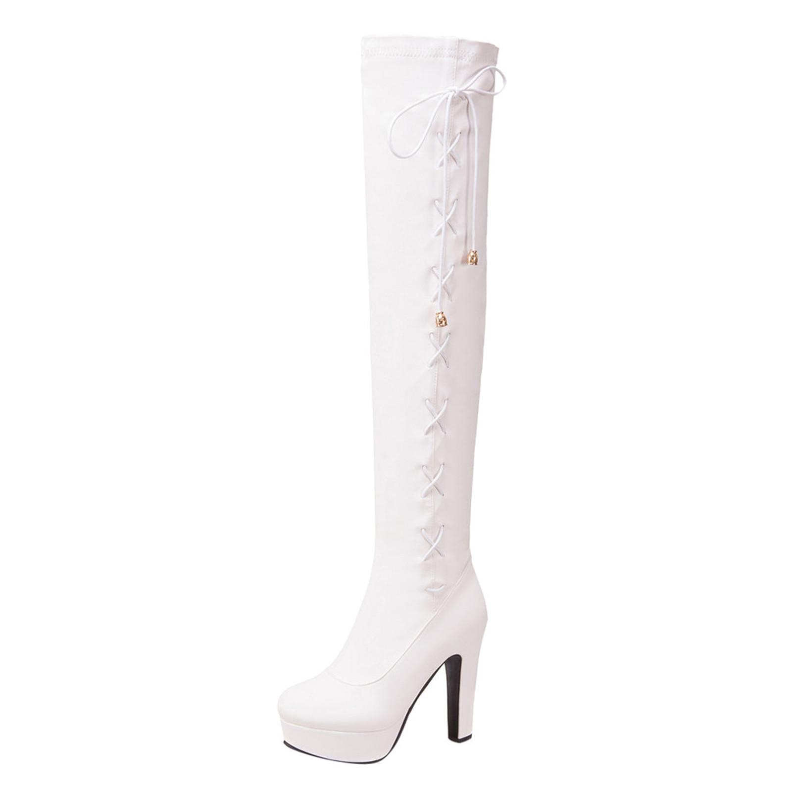 Jolian (ZO)Mode Dames Leren Lacr-Up Ronde Neus Schoenen Hoge Hak Over De Knie Laarzen 42 wit