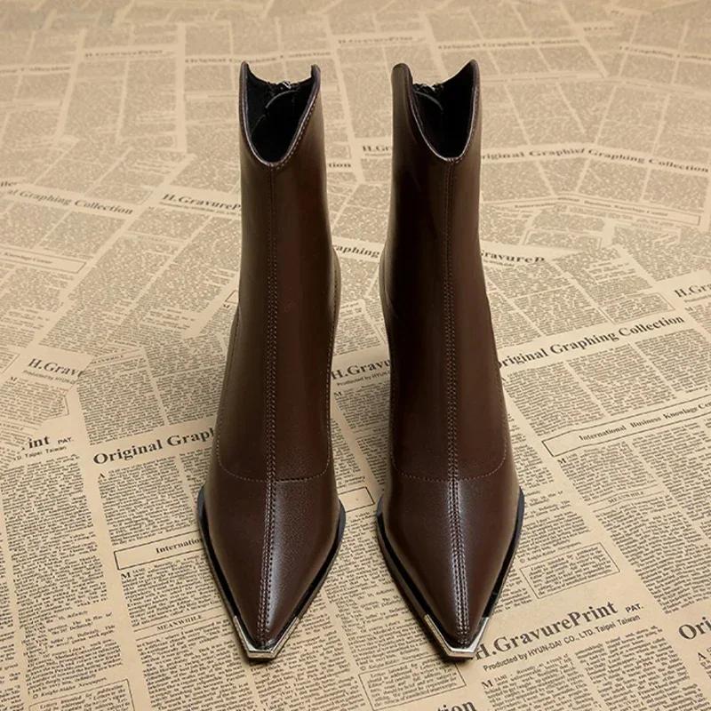 DOKI Herfst en winter hoge hakken met pluche sexy vrouwen dikke enkel Chelsea laarzen puntige neus rits goth pumps schoenen woon-werkverkeer vierkante hak slanke laarzen 38 bruin