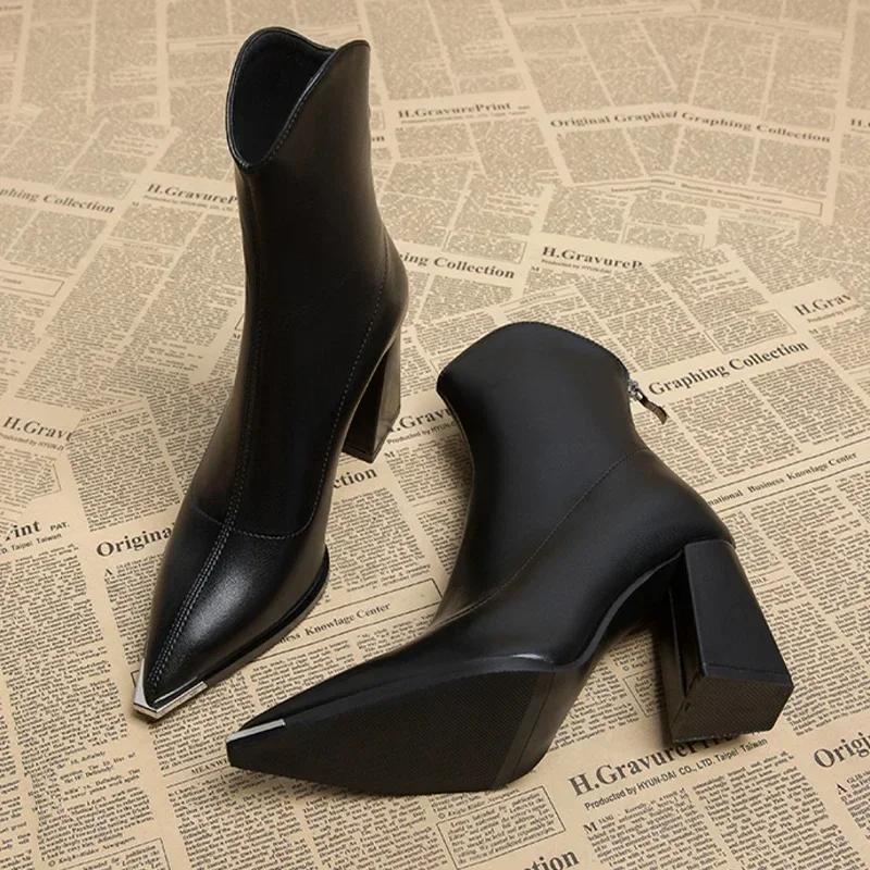 DOKI Herfst en winter hoge hakken met pluche sexy vrouwen dikke enkel Chelsea laarzen puntige neus rits goth pumps schoenen woon-werkverkeer vierkante hak slanke laarzen 34