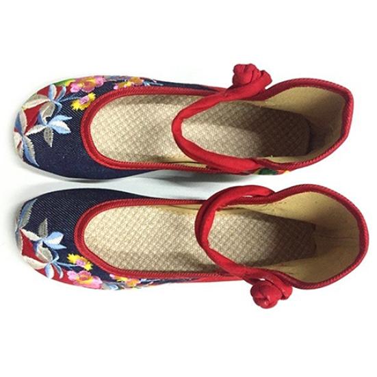 Futureminded Dames elegante kunstfeest casual platte Chinese stijl bloem geborduurde stoffen schoenen 35 marineblauwe kleur