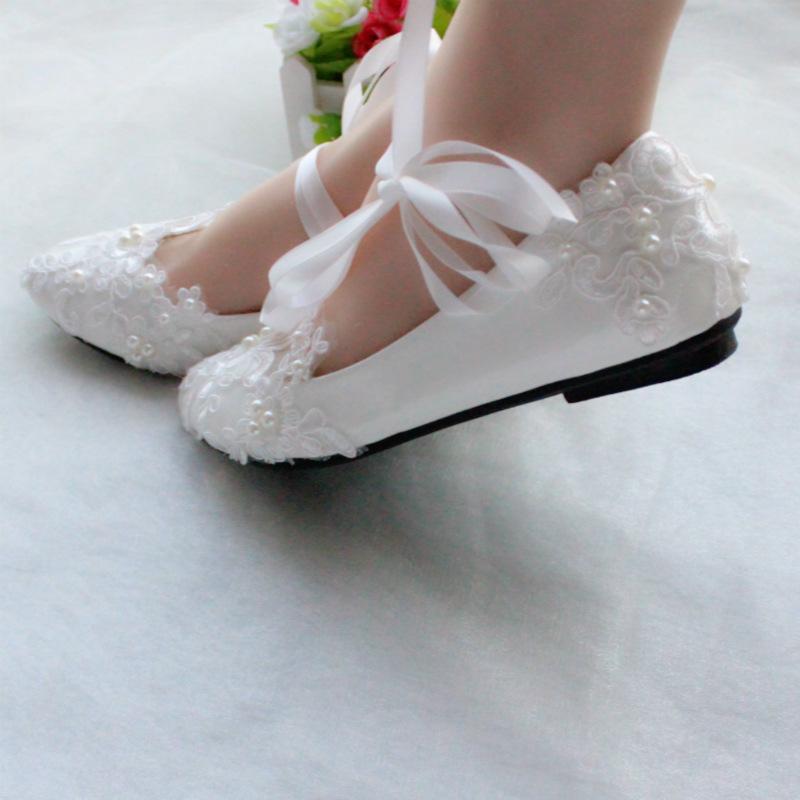 Leayond Damesschoenen Volwassen Flats Bruiloftsschoenen Feest Grote Maat Parel Strass Kralen Enkelband Veterschoenen 39 wit