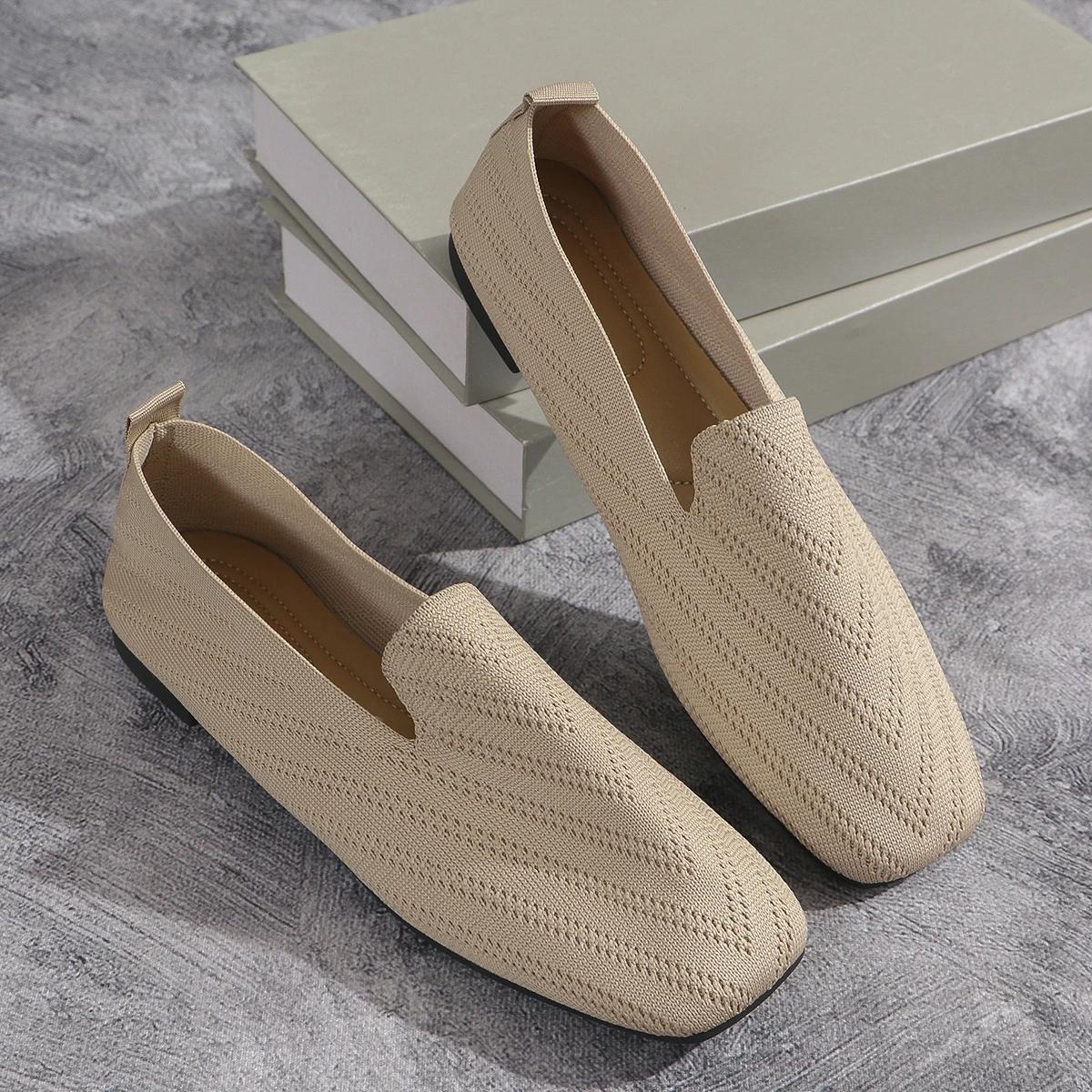 Yoxier 2024 Effen Kleur Vierkante Neus Mesh Loafers Ondiepe Dames Flats Schoenen Zachte Bodem Gebreide Ballet Flats Schoenen Casual Slip-on Schoenen 43 kaki