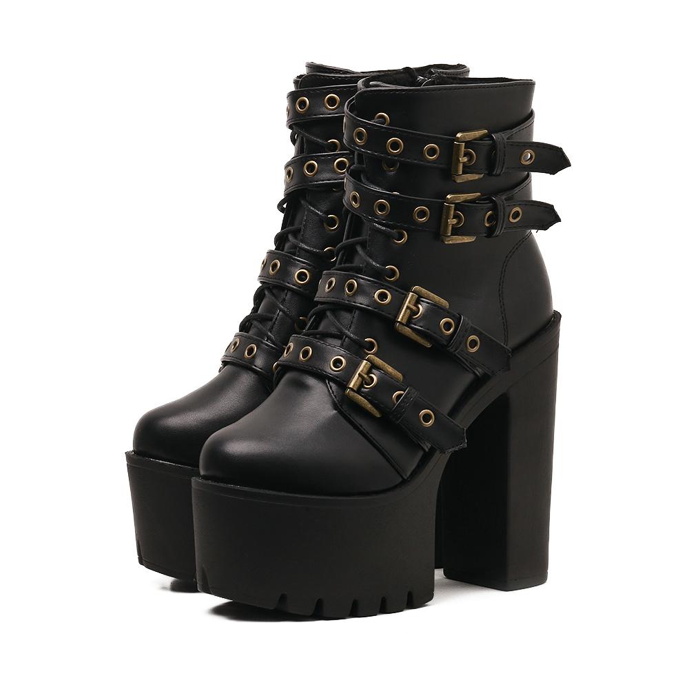 Gdgydh Sexy Rivet Zwarte Enkellaarsjes Dames Platform Zacht Leer Herfst Winter Dames Laarzen Rits Schoenen 37 zwart
