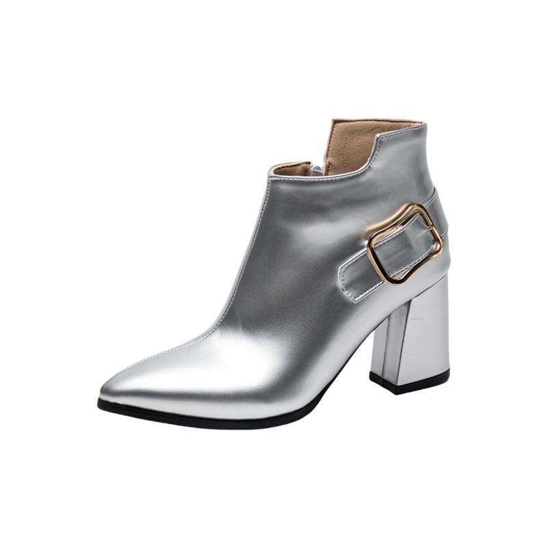 Meotina Dames Enkellaarsjes Puntige Neus Dikke Hoge Hakken Gesp Rits Metalen Korte Laarzen Dames Mode Schoenen Herfst Winter 43 39 zilver