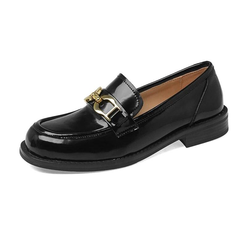 Meotina Vrouwen Echt Lederen Loafers Ronde Neus Flats Metalen Decoratie Dames Mode Casual Schoenen Lente Herfst Zwart Bruin 40 39 zwart