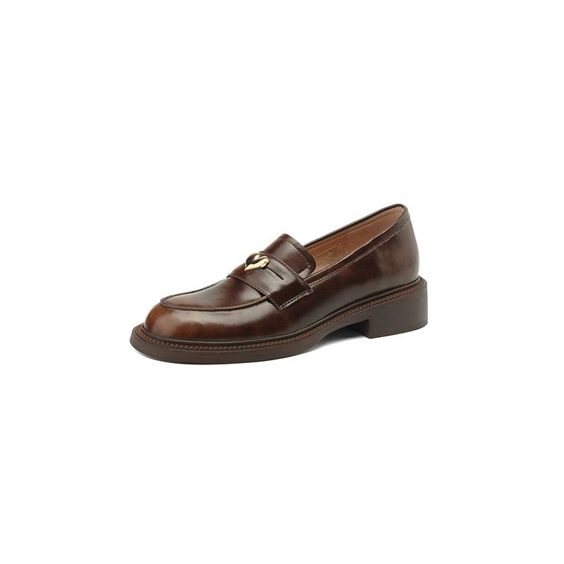 Krazing Pot Koe Lederen Ronde Neus Dikke Med Hakken Lente Schoenen Brogues Metalen Gesp Bevestigingsmiddelen Kantoor Dame Dames Pompen 40 bruin