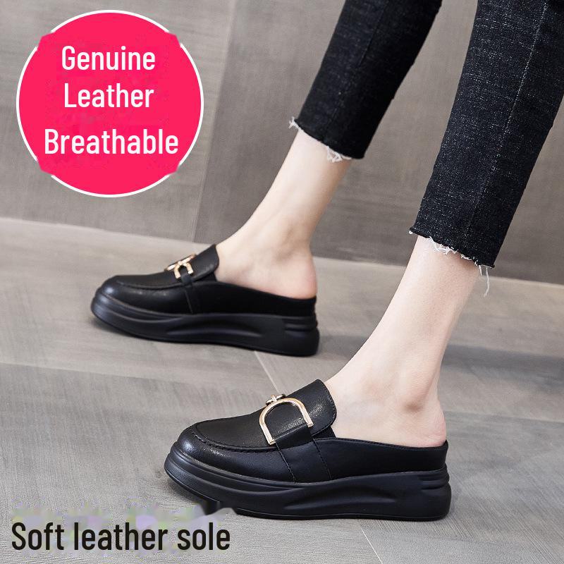 Globex 2023 Zomer Dames Echt Leren Platform Slip-On Sandalen 36 zwart