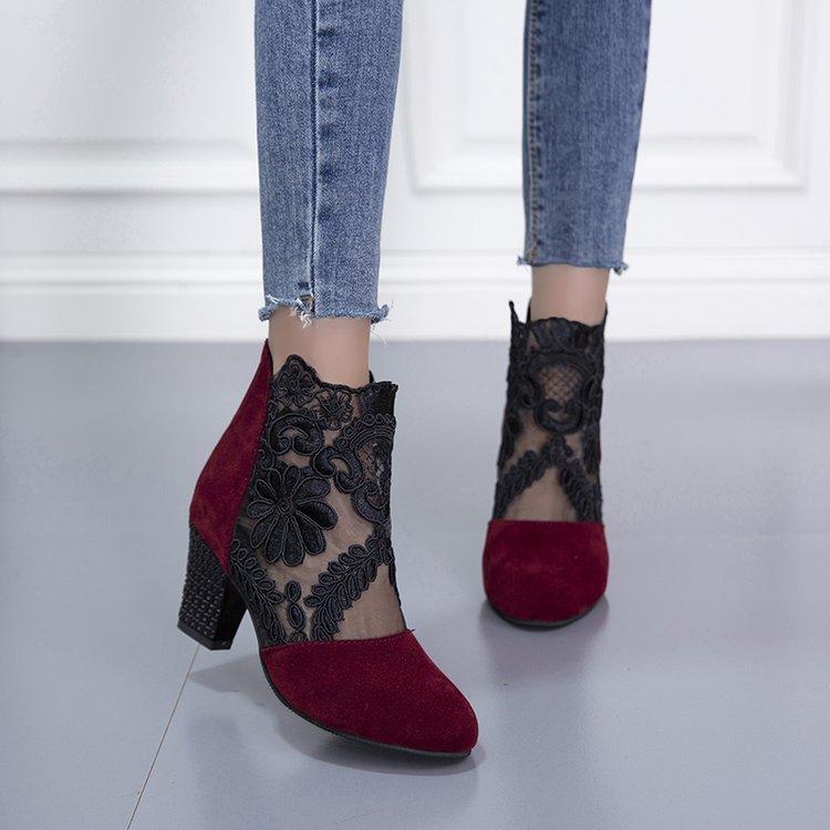 LaLaShoes Nieuwe mode dames hoge hakken kant bloem enkelband holle sandalen ronde neus rits pumps Zapatos De Mujer 38 wijnrode kleur