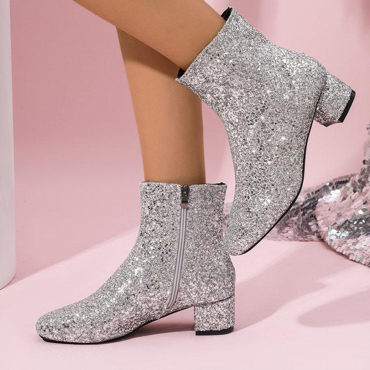 Z-shoes one Nieuwe herfst- en winterschoenen met hoge hakken, grote maten Chelsea-laarzen voor dames, modieuze, met pailletten versierde dikke hakken, feest-enkellaarsjes voor dames 40 zilver