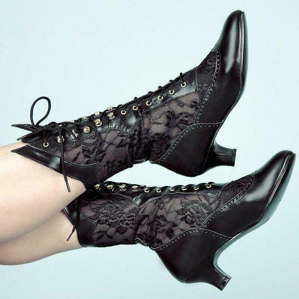 Graceful Style Mode Vintage Dames Enkellaarsjes Victoriaanse Puntige Neus Halfhoge Laarzen voor dames elegante PU Veterlaars Gesplitste Dames Hoge Hak Schoen 38