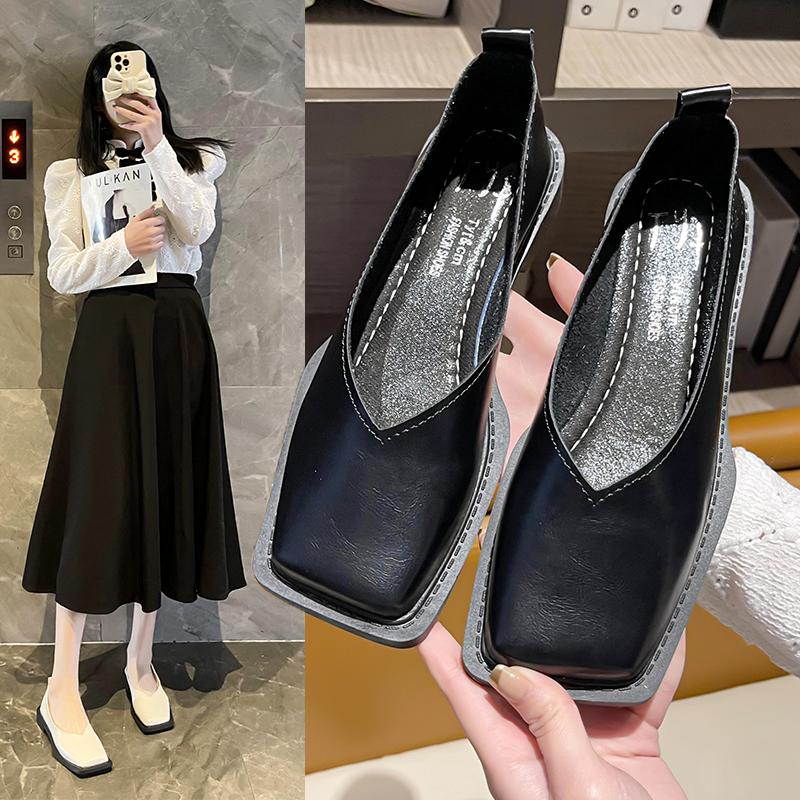 Gtimeshoes Platte schoenen Dames Vierkante neus Enkel schoenen Eenvoudig temperament Leren schoenen Lente Herfst 4 kleuren 38 zwart