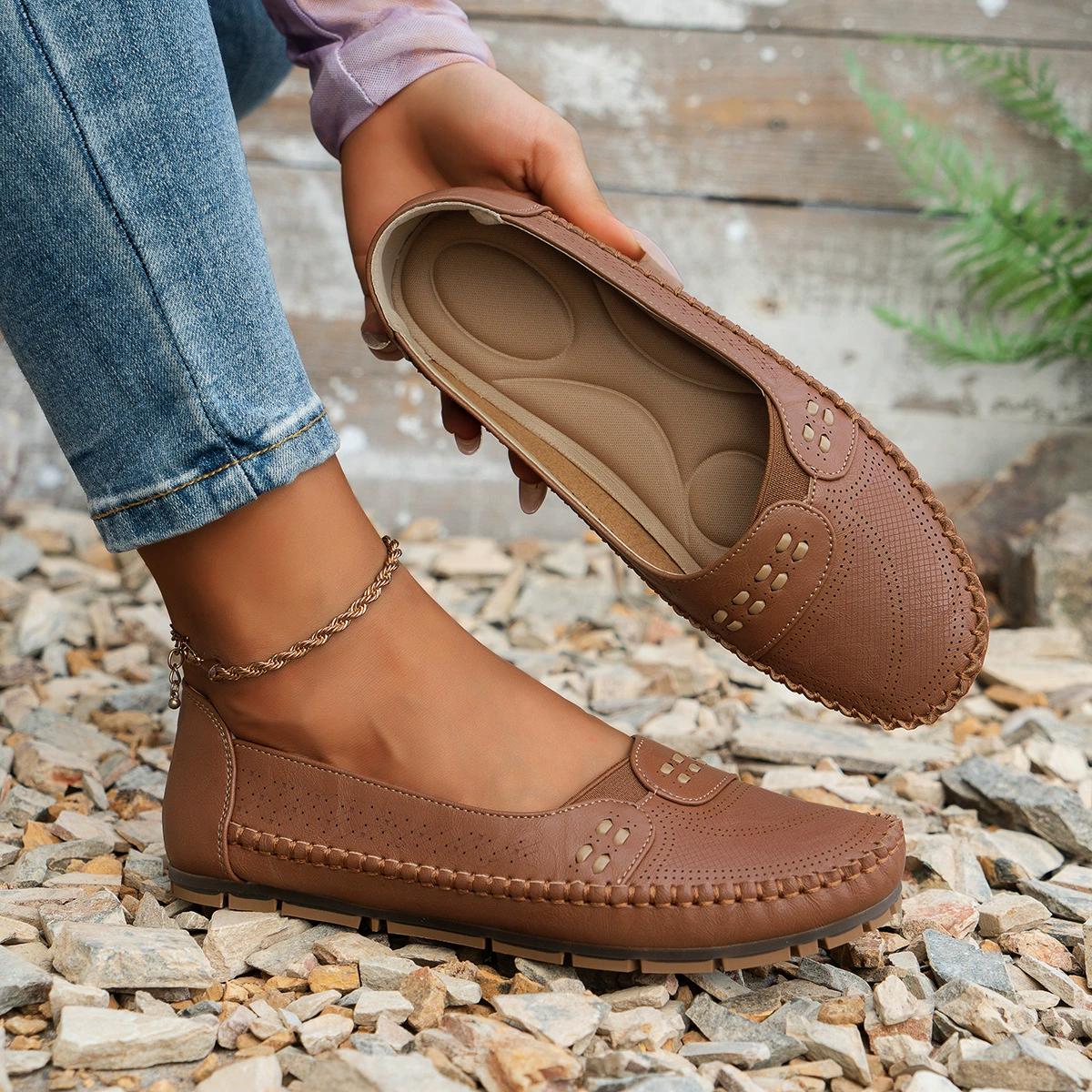 Geener Vintage stijl dames ballerina's ronde neus instappers voor alle seizoenen casual schoenen 41EU/CN42 lichtbruin