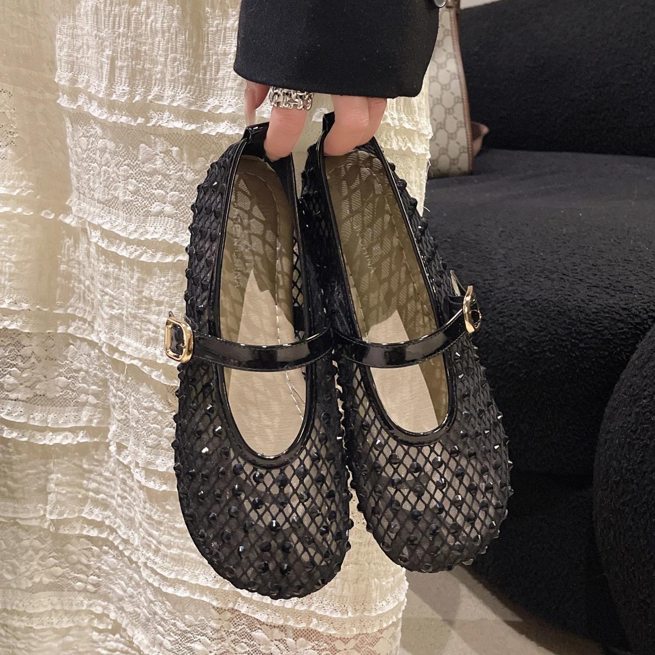Summer shoes Luxury Crystal Covered Fishnet Mary Jane Shoes  Elegant Brand Design Rhinestone Mesh Ballet Flats Ladies  Bling Net Loafers 40