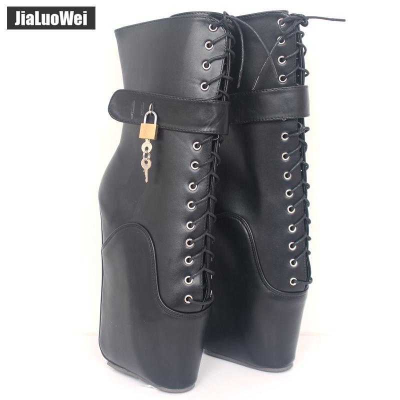 Jia Luo Wei 18CM Ultra Hoge Hak Ballet Laarzen Vreemde Wedge Zool Sexy Fetish Kruis-strikte Afsluitbare Enkellaarsjes Met Sloten 45
