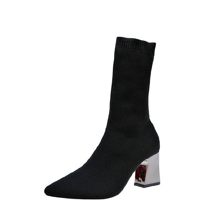 Chic Steps mode Comemore Damesjurk Puntige Mid-hak Korte Enkellaars Vrouwelijke Herfst 2024 Gebreide Blok Lage Hak Hoge Sokken Laarzen Schoenen 43 zwart