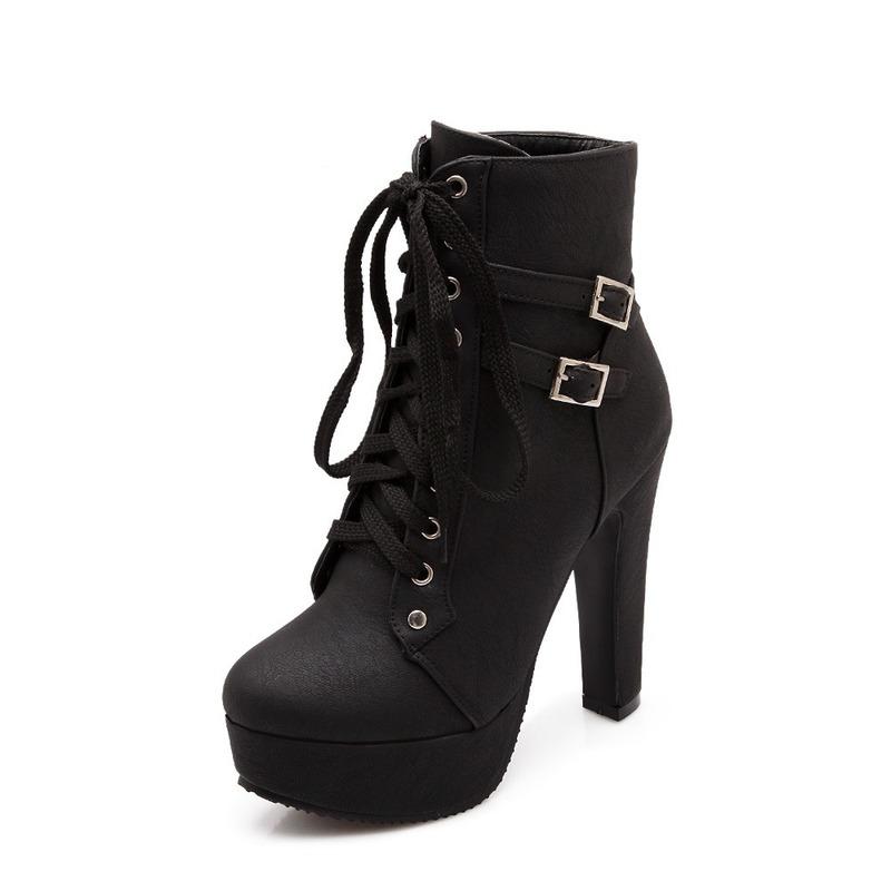 DY57OP Damesmode Enkellaarsjes met hoge hakken Herfst Winter Dames Platform Hakken Schoenen 43 zwart