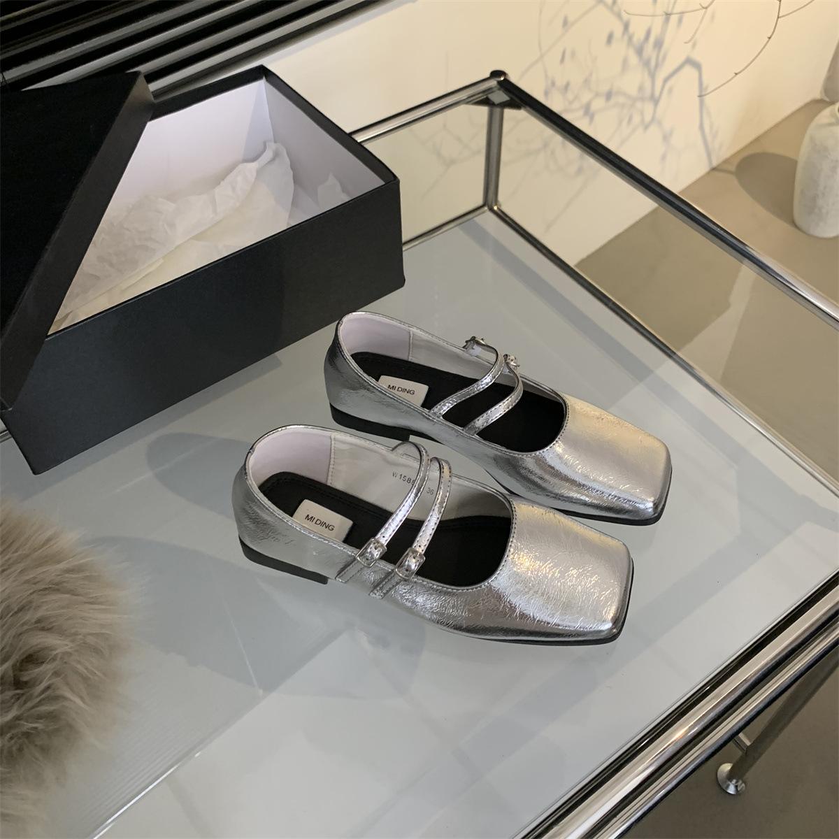 Cpcoepax Mary Jane schoenen voor dames ballerina's met vierkante neus dames casual PU leren werk platte schoenen met verstelbare enkelband gesp nette schoenen 39 zilver