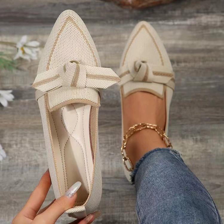 Source universe Dames platte schoenen met knoopontwerp, modieuze puntige neus, gebreide instappers, comfortabele, ademende platte schoenen 40 beige