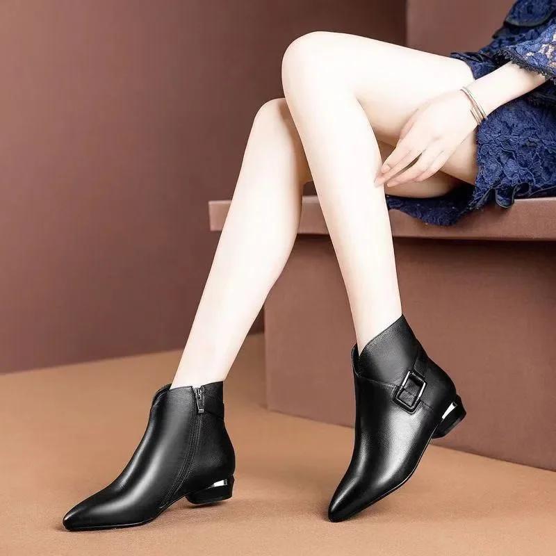 Shoes Family Wintermode Dames Laarzen Rits Retro Leer Plus Fluwelen Schoenen Dikke Hak Enkellaarsjes Plus Maat 41 Hoge Hakken Schoenen 35