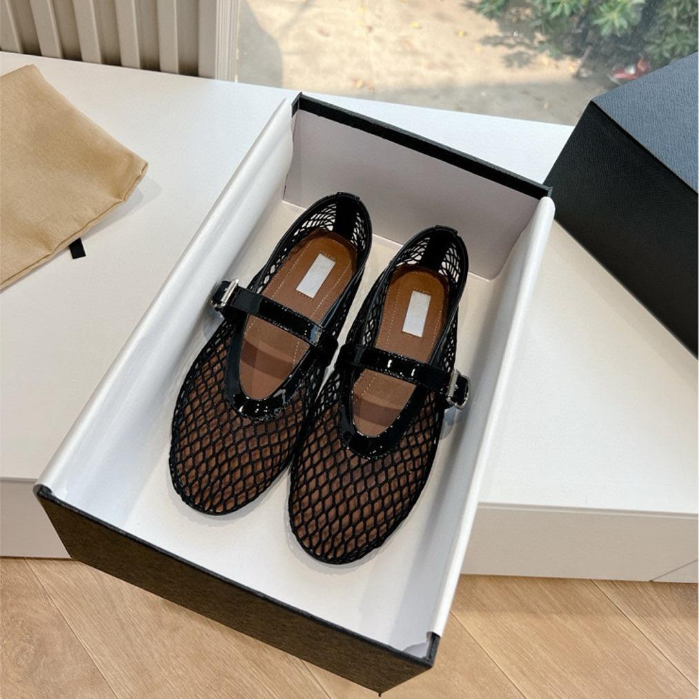 Ki Wi Balletschoenen met één woord gesp, platte schoenen met strass, holle Mary Jane-schoenen met visnetmotief voor dames 37