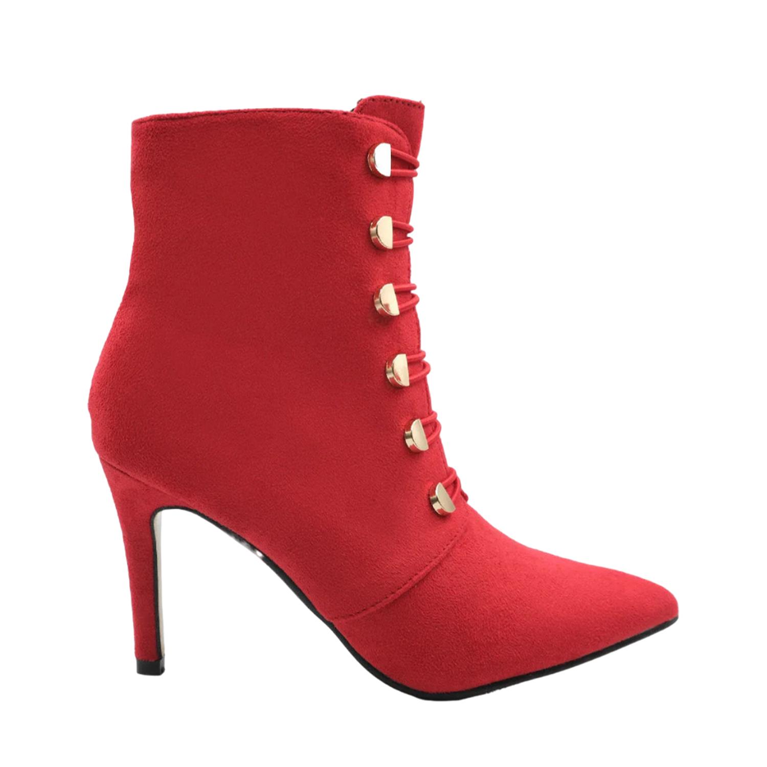 Where's That From Waar is dat van dames/dames Blythe faux suède puntige enkellaarzen met knoopdetail en middelhoge hak 8 UK rood