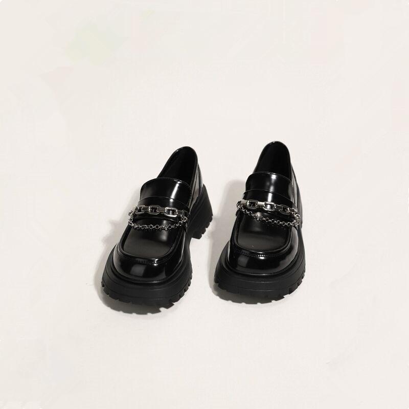 CIXI Vrouwen Pumps Dames Loafers Chunky Hak Platform Metalen Ketting Schoenen Vrouwelijk Casual Retro College Meisje Dagelijks Ronde Neus Schoenen 37 zwart