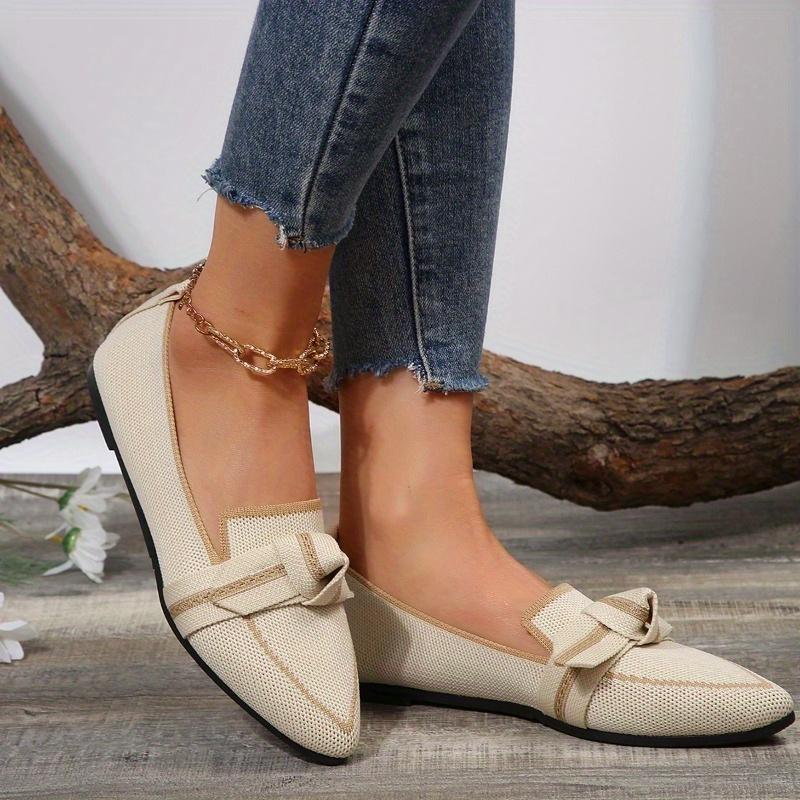 Molly Show Dames Chic Knot Flat Shoes - Zachte gebreide instappers met spitse neus - Ultracomfortabel en ademend voor dagelijkse stijl 43 beige