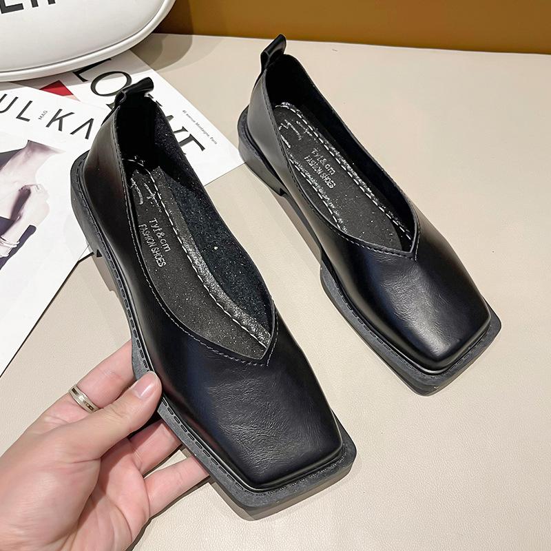 Yoghurt Platte schoenen Dames Vierkante neus Enkel schoenen Eenvoudig temperament Leren schoenen Lente Herfst 4 kleuren 36