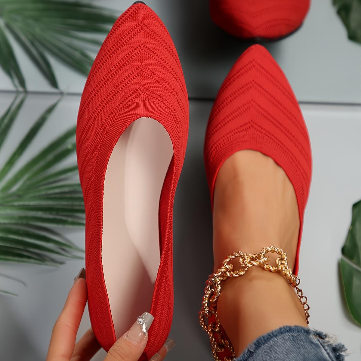 Fresh Steps Dames Puntige Teen Platte Schoenen Effen Kleur Gebreide Instappers Casual Ademende Ballet Flats Dames Platte Schoenen Loafers Dames 35 rood