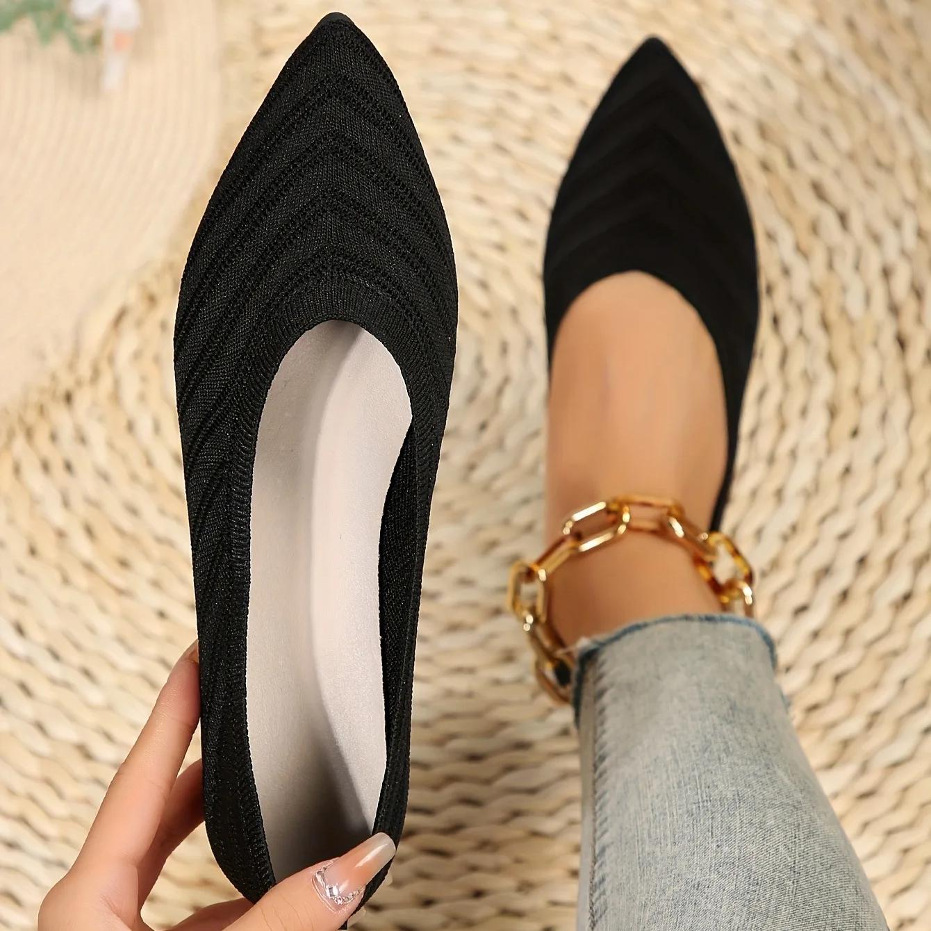 Yoghurt Dames Puntige Teen Platte Schoenen Effen Kleur Gebreide Instappers Casual Ademende Platte Dames Platte Loafers Comfortabele Damesschoenen 39