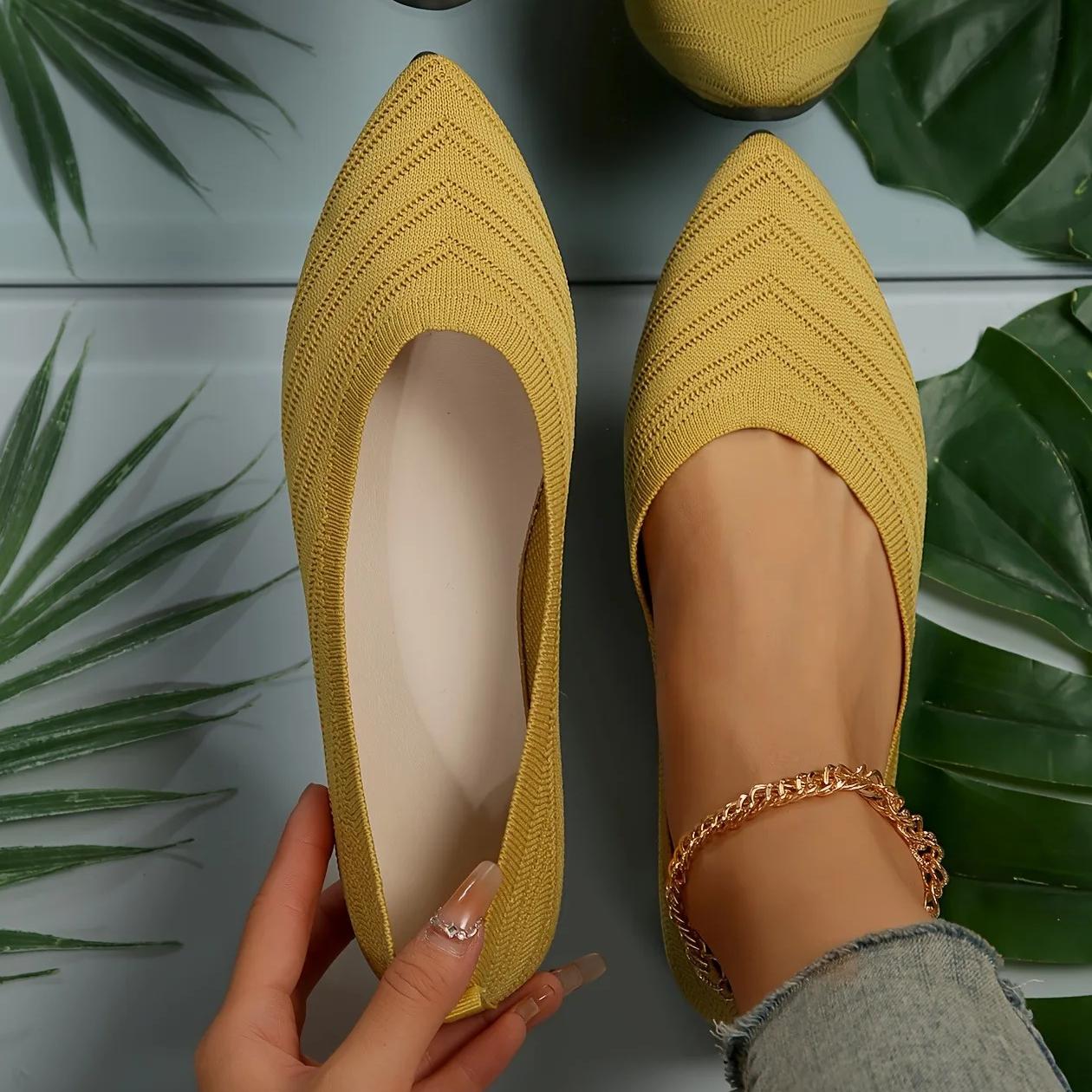 Molly Show Dames Puntige Teen Platte Schoenen Effen Kleur Gebreide Instappers Casual Ademende Platte Dames Platte Loafers Comfortabele Damesschoenen 43 geel