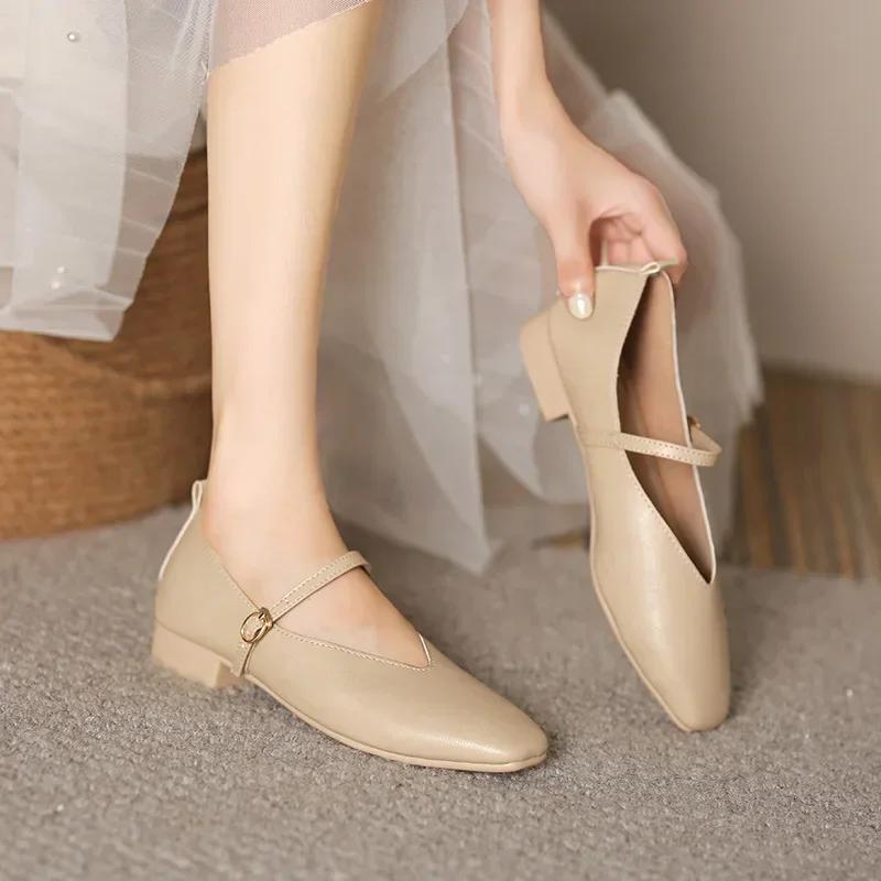 Fresh Steps Vrouw Lente Casual Vierkante Teen Lage Zachte Zolen Schoenen Lolita Ballerina Rode Flats Vrouwelijke Elegante Franse Retro Gesp Mary Janes 33 abrikoos