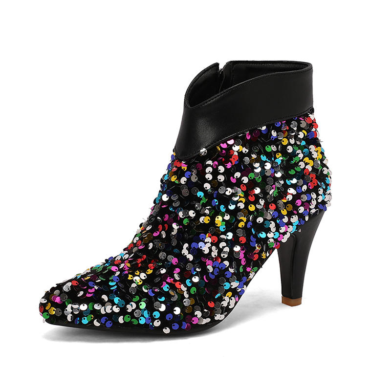 DONGYUN Footwear Dames hoge hakken korte laarzen herfst en winter nieuw item smalle hak pailletten laarzen modieuze plus size damesschoenen 44 groen/blauw