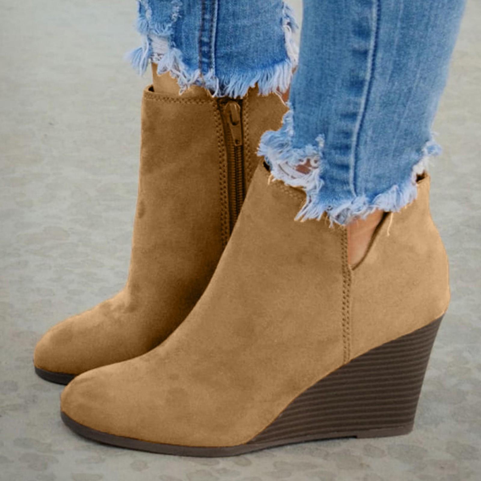 Long nose Mode Vrouwen Suède Wedges Rits Effen Kleur Korte Laarsjes Ronde Neus Schoenen 43 bruin